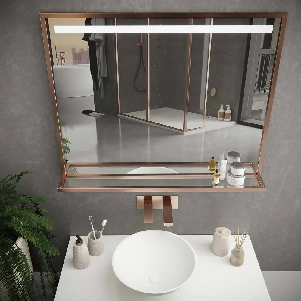 Miroir de salle de bain EVO avec cadre et étagère en aluminium, différentes finitions, éclairage frontal à LED – Image 2