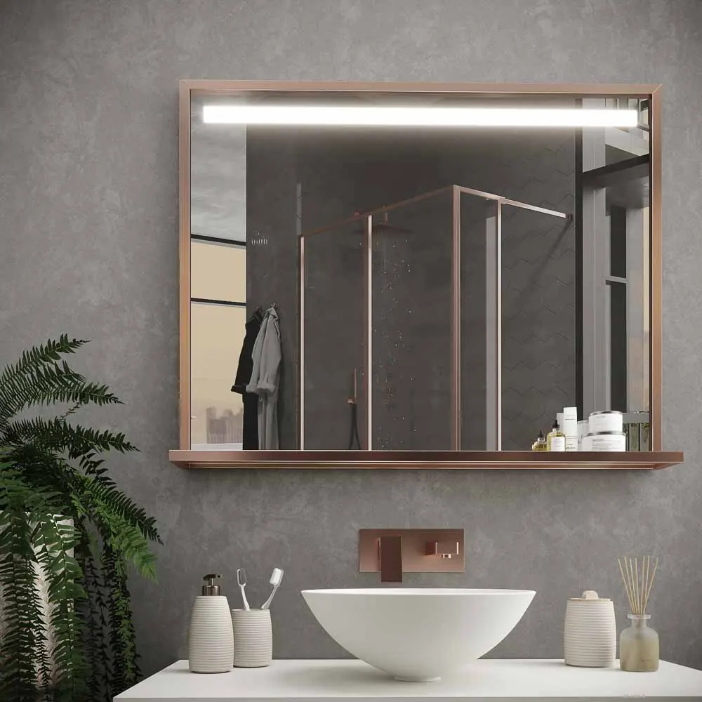 Miroir de salle de bain EVO avec cadre et étagère en aluminium, différentes finitions, éclairage frontal à LED – Image 10