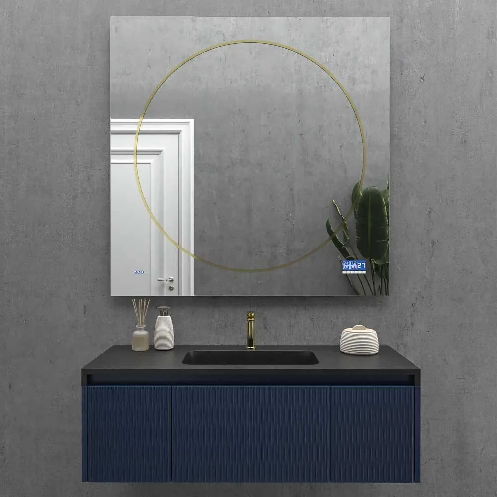 Miroir personnalisé KANT avec lumière LED périmétrique arrière avec anneau intérieur doré ou noir. Haut-parleurs. Anti-buée. Miroir grossissant. Horloge