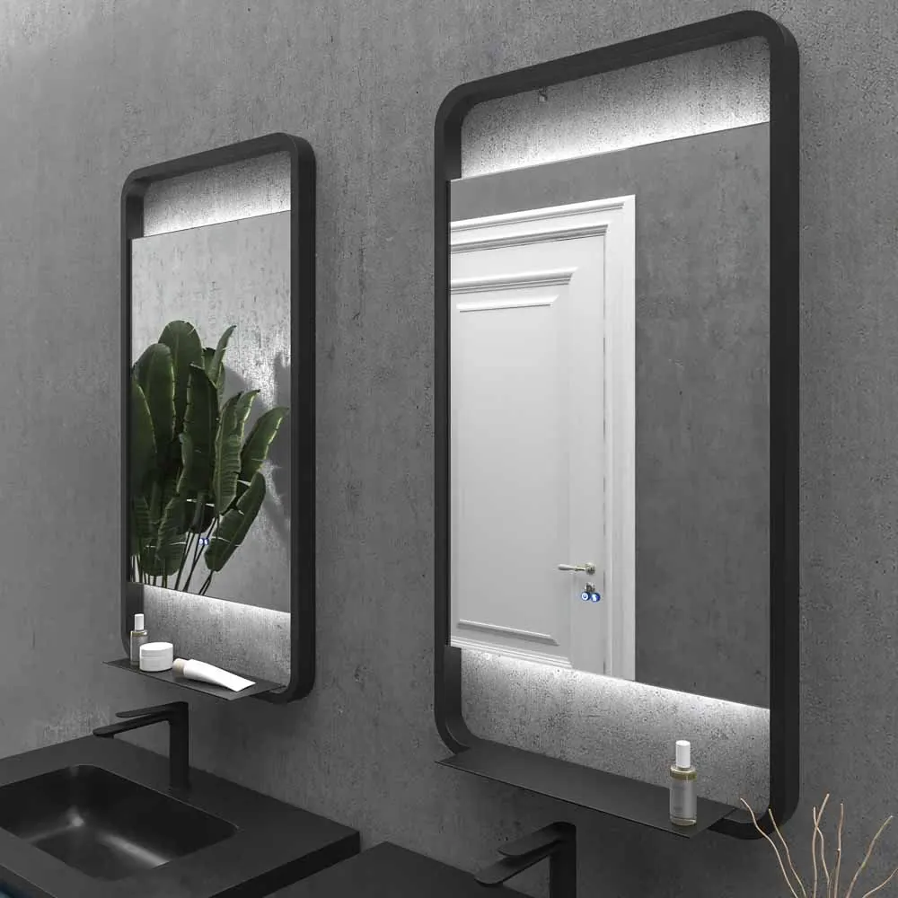 Miroir personnalisé SLIM avec lumière LED arrière supérieure et inférieure. Haut-parleurs. Anti-buée. Miroir grossissant. Horloge . Finition NOIRE