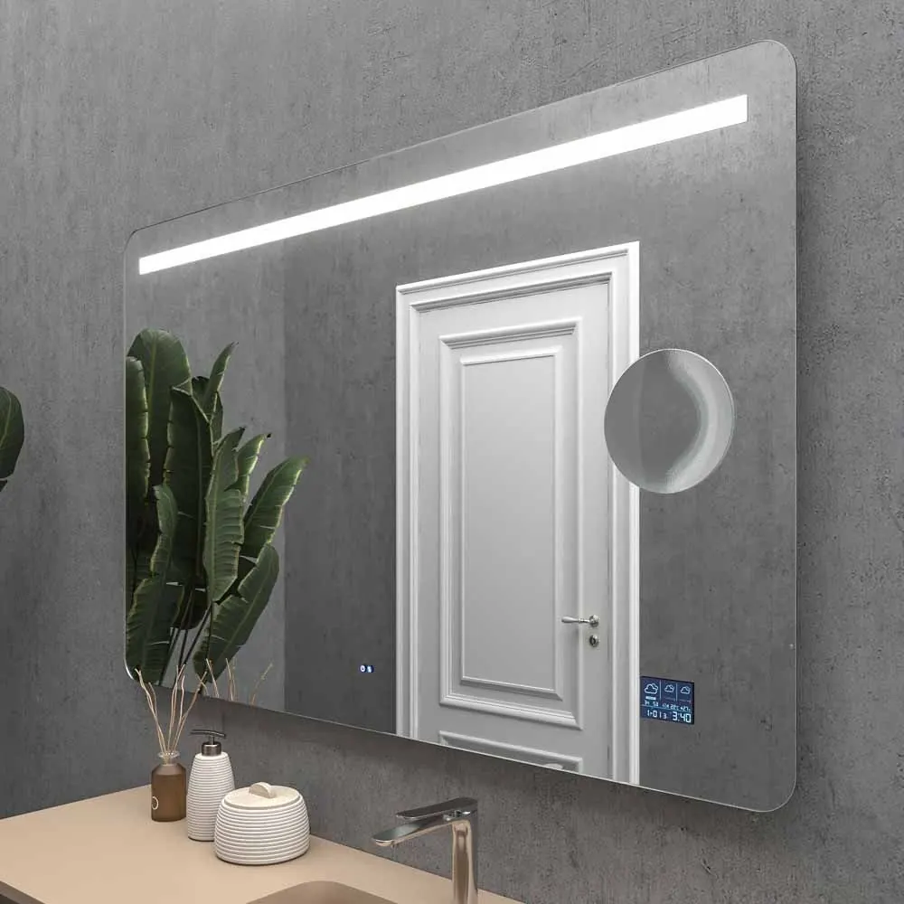 Miroir personnalisé OSAKA avec éclairage LED supérieur à bord arrondi. Haut-parleurs. Anti-buée. Miroir grossissant. Horloge