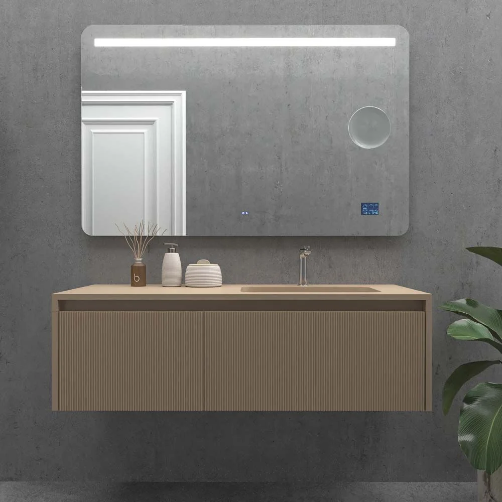 Miroir personnalisé OSAKA avec éclairage LED supérieur à bord arrondi. Haut-parleurs. Anti-buée. Miroir grossissant. Horloge – Image 2