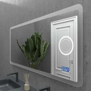 Miroir personnalisé DENVER avec éclairage led périmétrique à bord arrondi. Haut-parleurs. Anti-buée. Miroir grossissant. Horloge