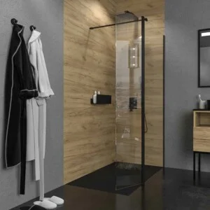 Paroi de douche fixe + rabattable ZEN – Verre 8 mm + 6 mm – NOIR MAT