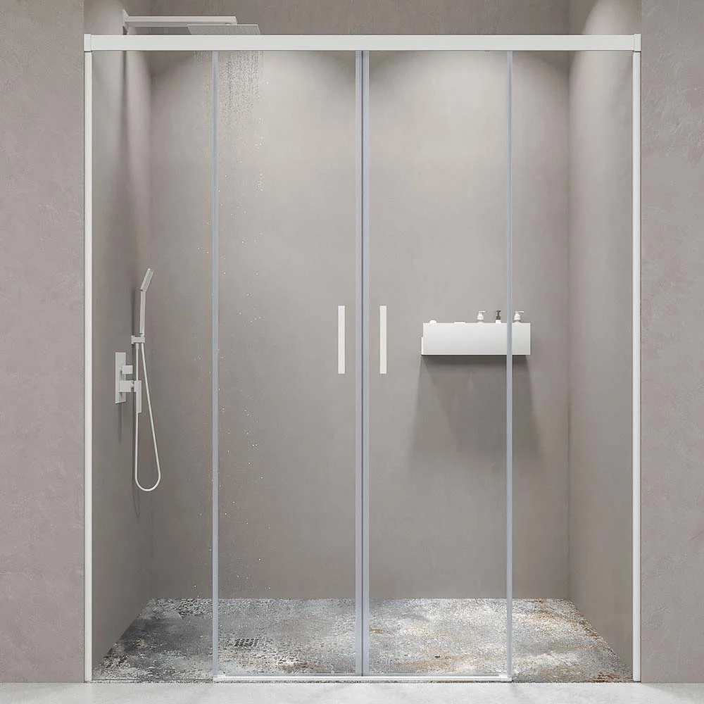Paroi de douche frontale BASIC 2 fixes -2 portes coulissantes. Pas de profil inférieur. Avec traitement anti-calcaire. Fini BLANC MAT – Image 2
