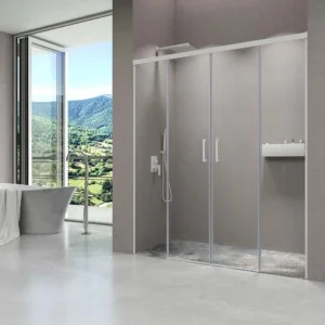 Paroi de douche frontale BASIC 2 fixes -2 portes coulissantes. Pas de profil inférieur. Avec traitement anti-calcaire. Fini BLANC MAT