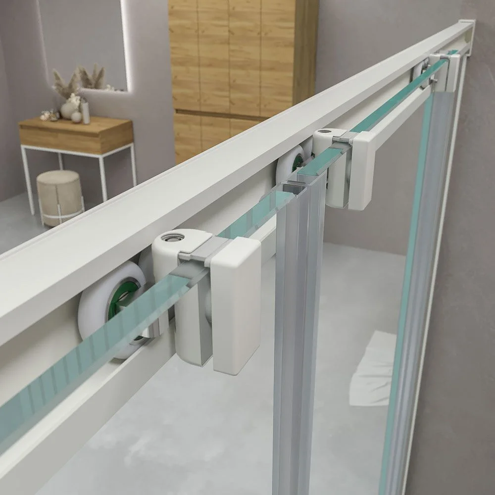 Paroi de douche frontale BASIC 2 fixes -2 portes coulissantes. Pas de profil inférieur. Avec traitement anti-calcaire. Fini BLANC MAT – Image 3