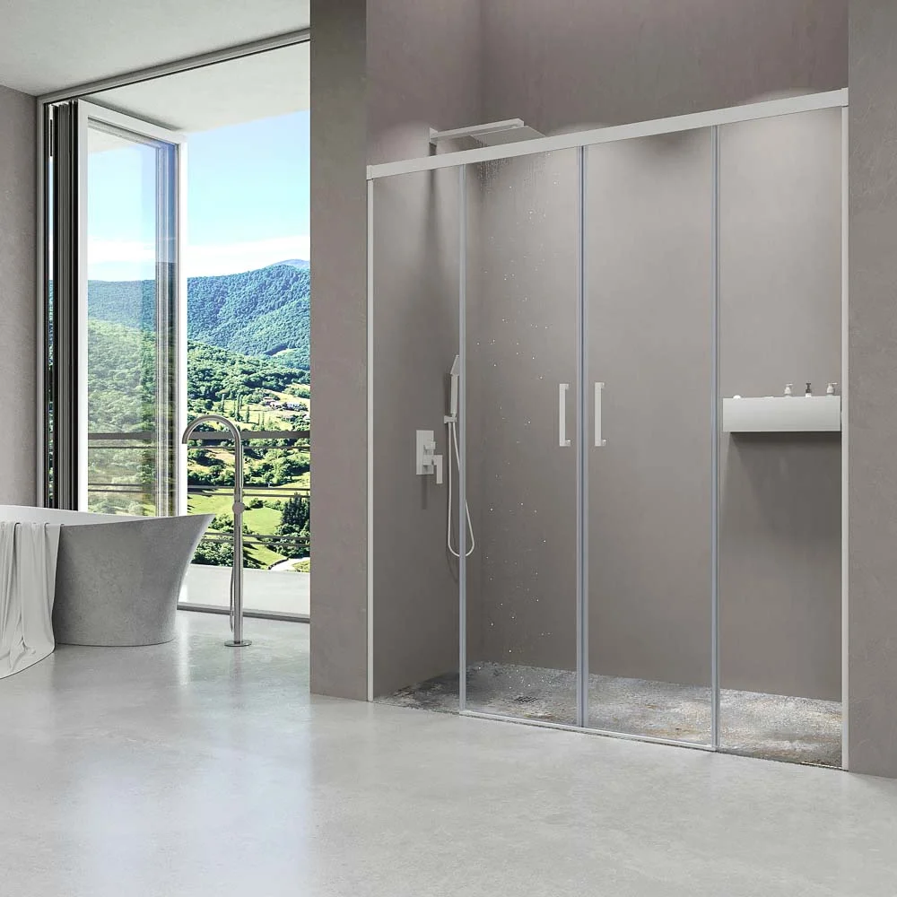 Paroi de douche frontale BASIC 2 fixes -2 portes coulissantes. Pas de profil inférieur. Avec traitement anti-calcaire. Fini BLANC MAT