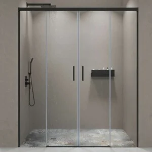 Paroi de douche frontale BASIC 2 fixes -2 portes coulissantes. Pas de profil inférieur. Avec traitement anti-calcaire. Finition NOIR MAT