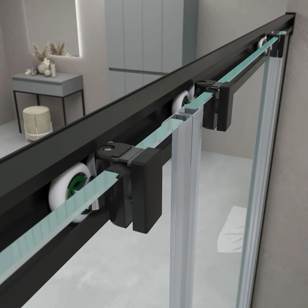 Paroi de douche frontale BASIC 2 fixes -2 portes coulissantes. Pas de profil inférieur. Avec traitement anti-calcaire. Finition NOIR MAT – Image 3
