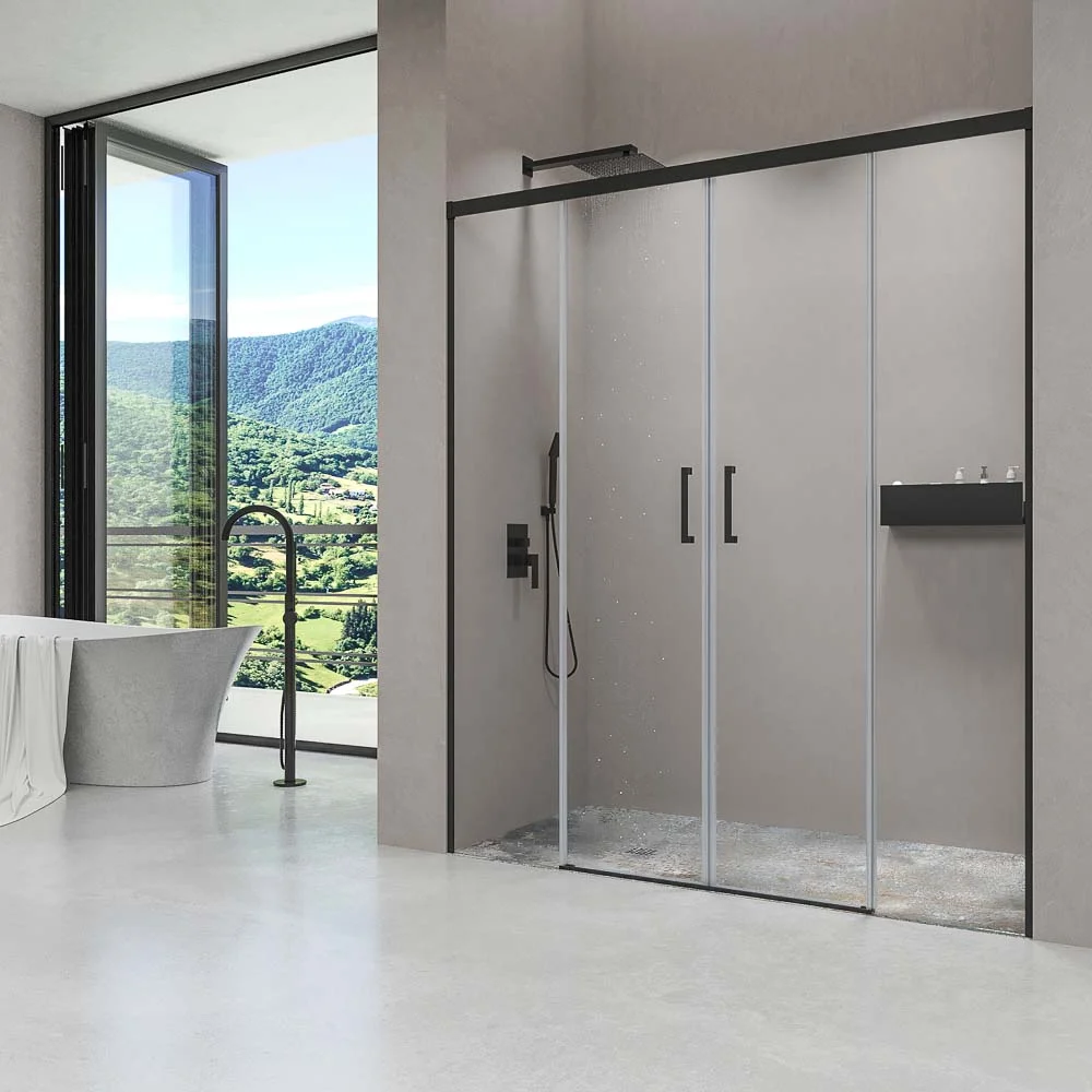 Paroi de douche frontale BASIC 2 fixes -2 portes coulissantes. Pas de profil inférieur. Avec traitement anti-calcaire. Finition NOIR MAT – Image 2
