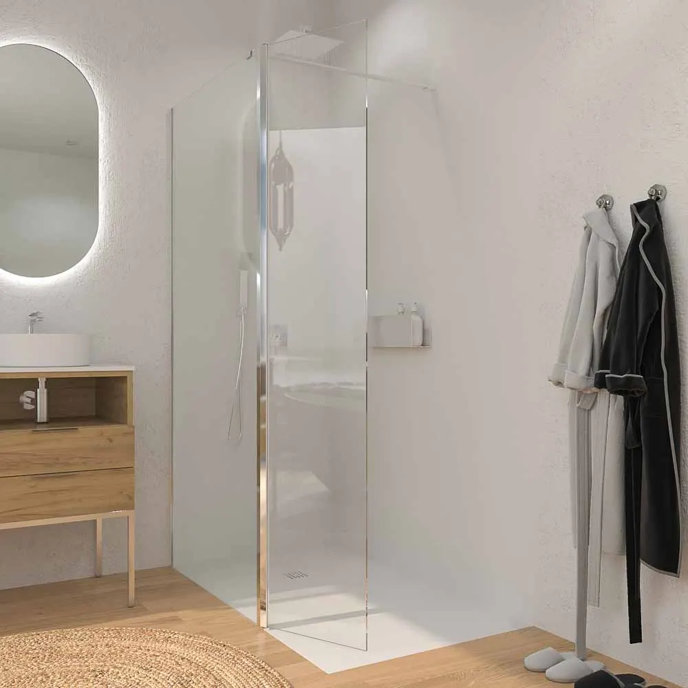 Paroi de douche fixe + rabattable ZEN. Verre 8mm + 6mm. chrome brillant