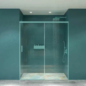LUCE 1 paroi de douche frontale fixe -1 porte coulissante. Pas de profil bas. Avec traitement anti-calcaire. Finition BLEU TURQUOISE