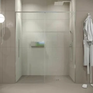 Paroi de douche frontale PETRA 1 fixe – 1 porte vitrée coulissante 6 mm. Acier inoxidable