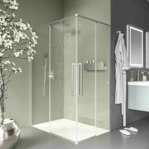 Paroi de douche rectangulaire PETRA 2 fixes – 2 portes coulissantes en verre 6 mm. ACIER INOXIDABLE