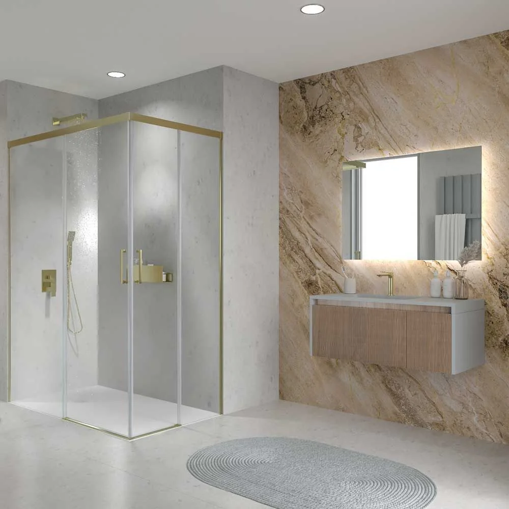 Cabine de douche rectangulaire BASIC ouverture angulaire 2 fixes-2 portes coulissantes. Pas de profil inférieur. Avec traitement anti-calcaire. Finition OR MAT