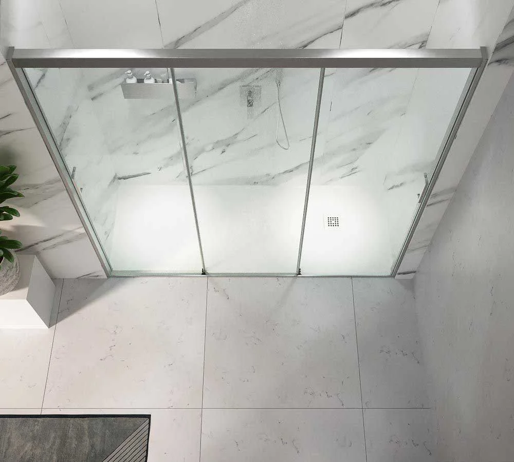 Paroi de douche frontale TRIO avec 3 portes coulissantes en verre transparent. Acier inoxidable – Image 3