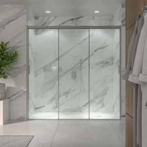 Paroi de douche frontale TRIO avec 3 portes coulissantes en verre transparent. Acier inoxidable