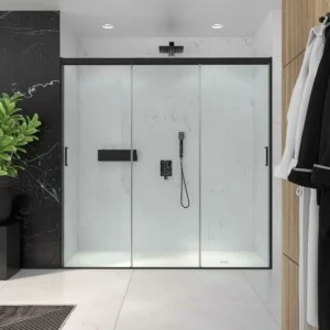 Paroi de douche frontale TRIO avec 3 portes coulissantes en verre transparent. Acier inoxydable NOIR MAT