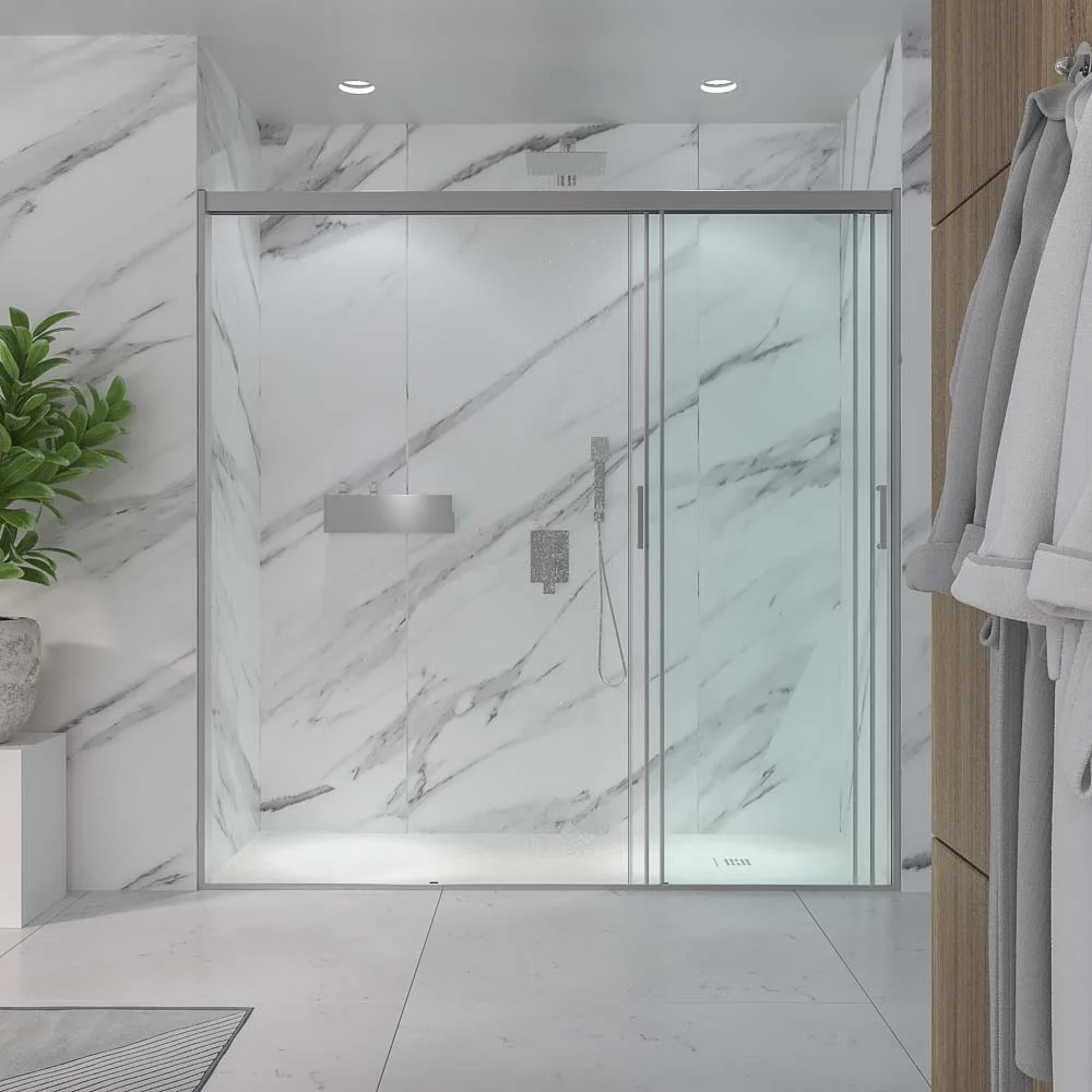 Paroi de douche frontale TRIO avec 3 portes coulissantes en verre transparent. Acier inoxidable – Image 2