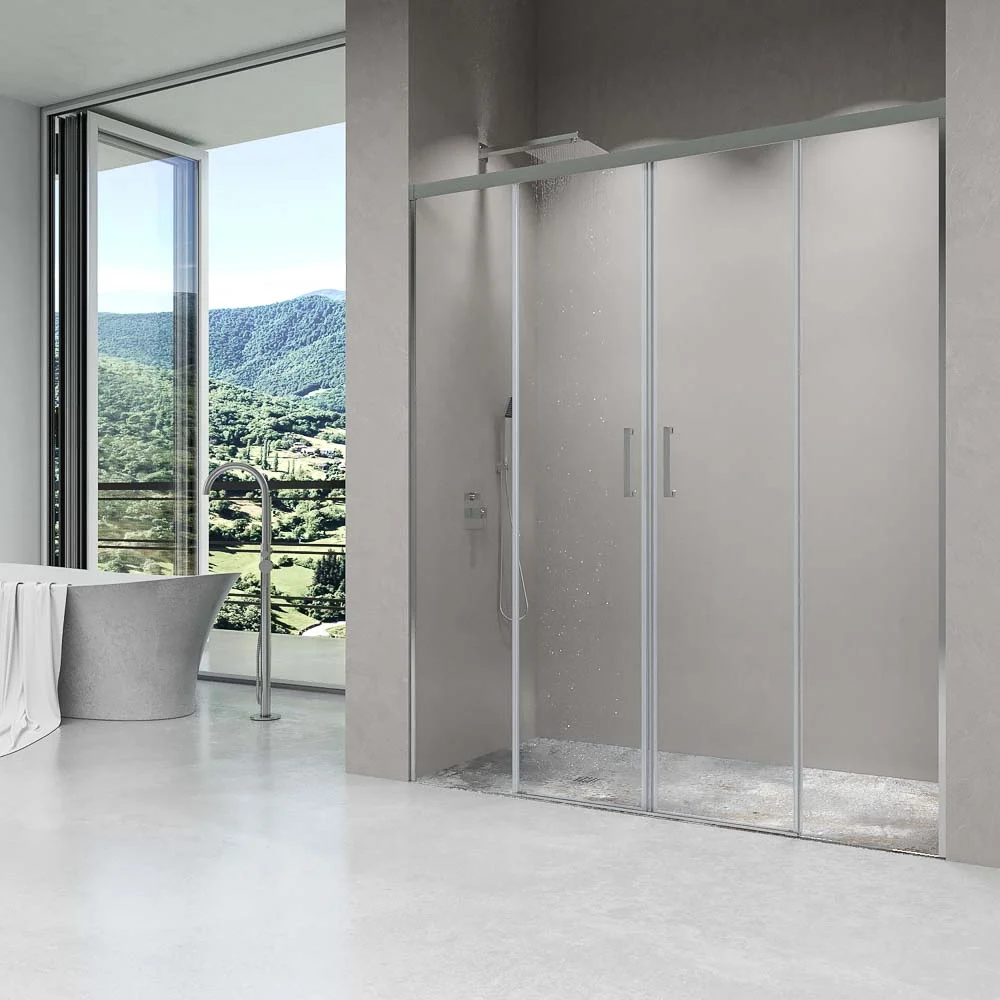 Paroi de douche frontale BASIC 2 fixes -2 portes coulissantes. Pas de profil inférieur. Avec traitement anti-calcaire. Finition CHROME BRILLANT – Image 6