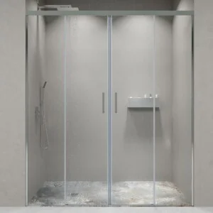 Paroi de douche frontale BASIC 2 fixes -2 portes coulissantes. Pas de profil inférieur. Avec traitement anti-calcaire. Finition CHROME BRILLANT