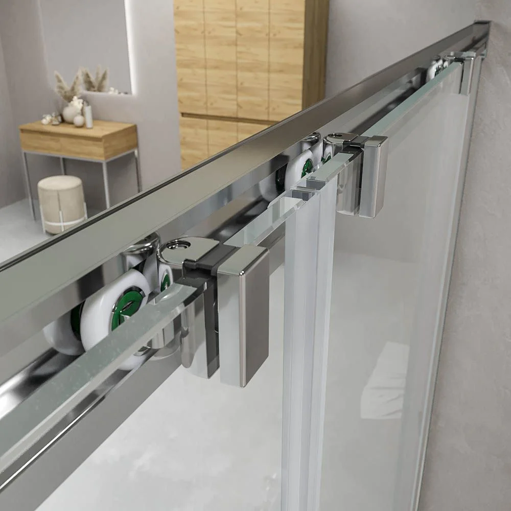 Paroi de douche frontale BASIC 2 fixes -2 portes coulissantes. Pas de profil inférieur. Avec traitement anti-calcaire. Finition CHROME BRILLANT – Image 2