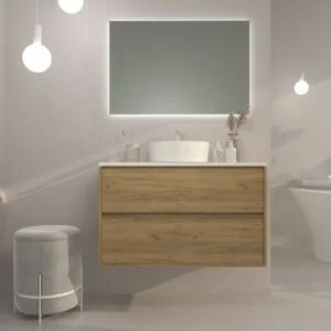 Meuble de salle de bain suspendu 2 tiroirs CARMEN avec cache vasque Osiris en SOLID SURFACE