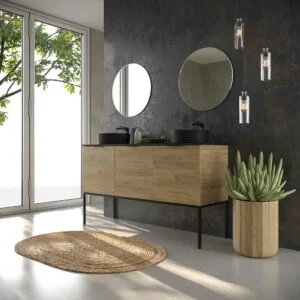 Meuble de salle de bain ELLA sur pieds 3 portes avec revêtement SOLID SURFACE 2 vasques CHÊNE CLAIR
