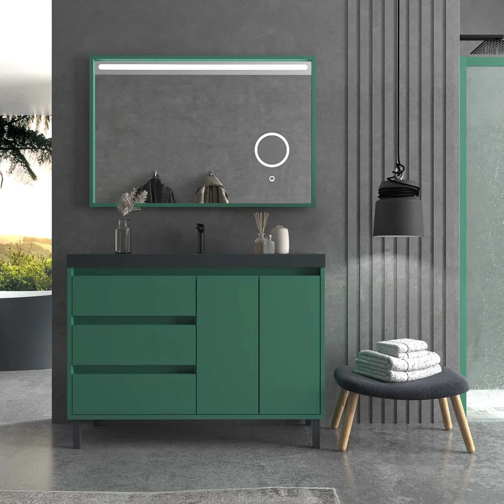 Meuble de salle de bain au sol BOX 120 cm 3 tiroirs / 2 portes avec vasque résine 6 cm. VERT PATINE