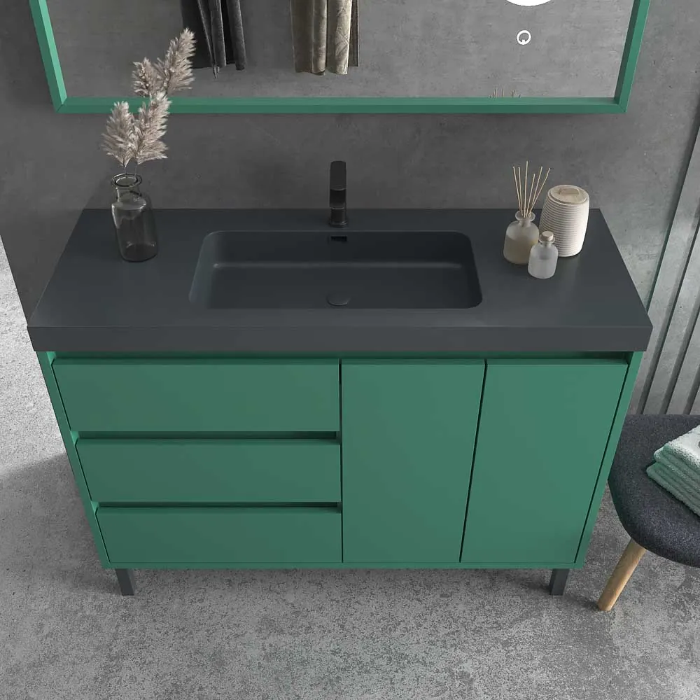 Meuble de salle de bain au sol BOX 120 cm 3 tiroirs / 2 portes avec vasque résine 6 cm. VERT PATINE – Image 6