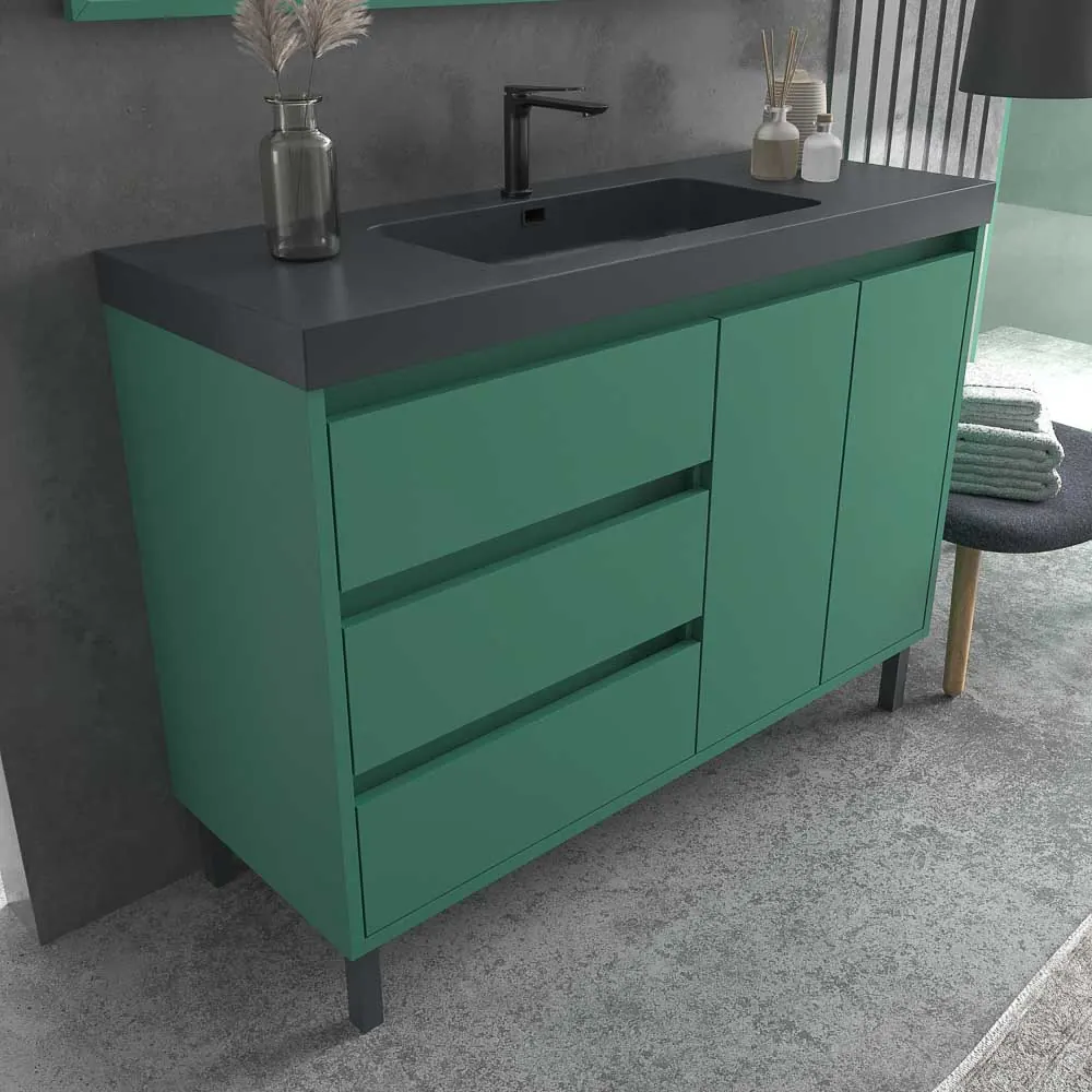 Meuble de salle de bain au sol BOX 120 cm 3 tiroirs / 2 portes avec vasque résine 6 cm. VERT PATINE – Image 2