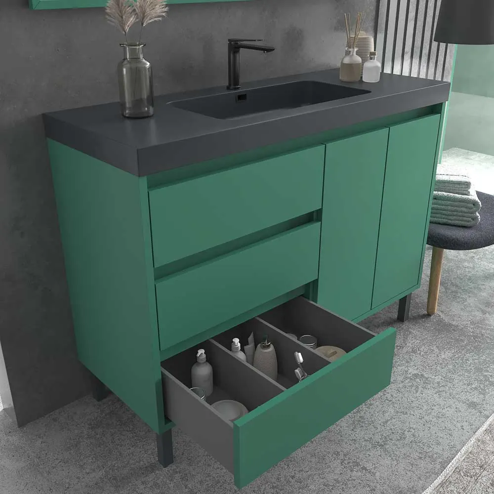 Meuble de salle de bain au sol BOX 120 cm 3 tiroirs / 2 portes avec vasque résine 6 cm. VERT PATINE – Image 5