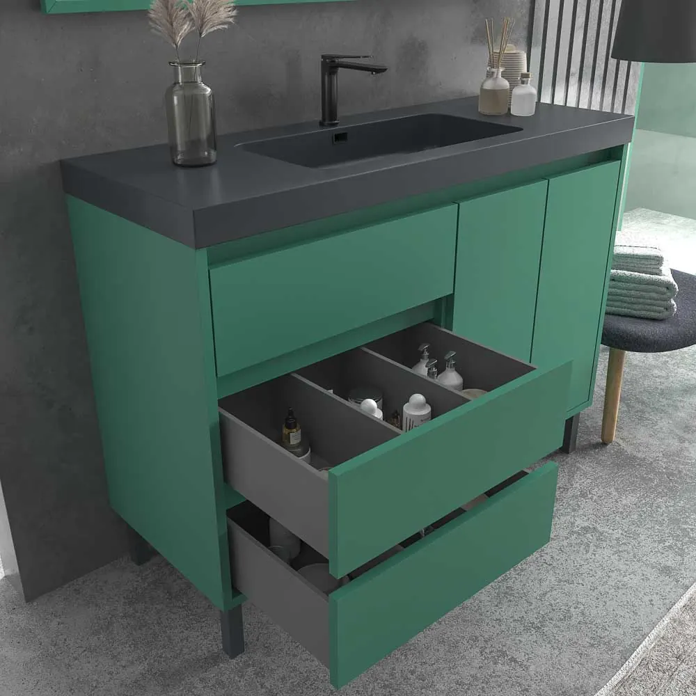 Meuble de salle de bain au sol BOX 120 cm 3 tiroirs / 2 portes avec vasque résine 6 cm. VERT PATINE – Image 4