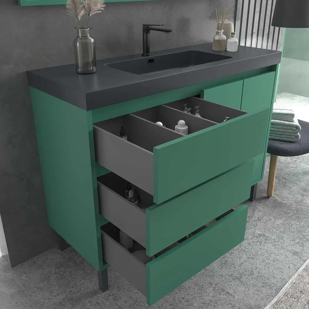Meuble de salle de bain au sol BOX 120 cm 3 tiroirs / 2 portes avec vasque résine 6 cm. VERT PATINE – Image 3