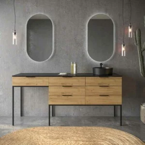 Meuble de salle de bain ELLA sur pieds 6 tiroirs avec meuble sous-vasque CHÊNE CLAIR avec plan SOLID SURFACE vasque OSIRIS