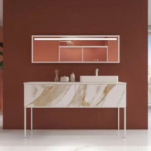 Meuble de salle de bain GRATE avec pieds, 2 tiroirs, finition marbre CALACATTA GOLD, plan et lavabo SOLID SURFACE Fogo