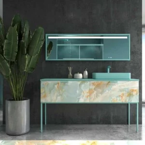 Meuble de salle de bain GRATE avec pieds et 2 tiroirs avec finition marbre ONIX AZUL et plan et lavabo SOLID SURFACE Fogo