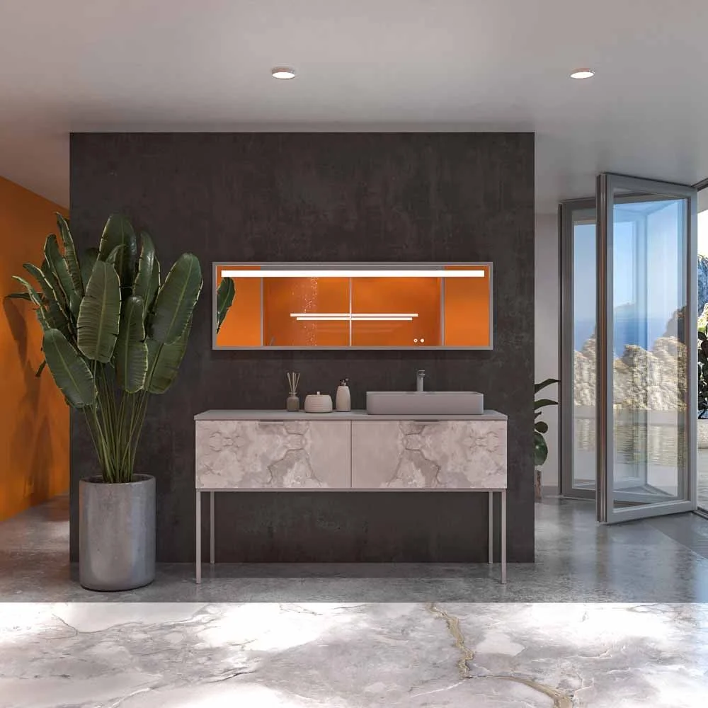 Meuble de salle de bain GRATE avec pieds et 2 tiroirs avec finition en marbre ONIX GRIS et plan et lavabo SOLID SURFACE Fogo – Image 9