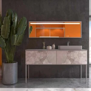 Meuble de salle de bain GRATE avec pieds et 2 tiroirs avec finition en marbre ONIX GRIS et plan et lavabo SOLID SURFACE Fogo