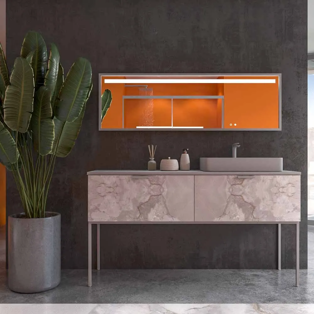 Meuble de salle de bain GRATE avec pieds et 2 tiroirs avec finition en marbre ONIX GRIS et plan et lavabo SOLID SURFACE Fogo