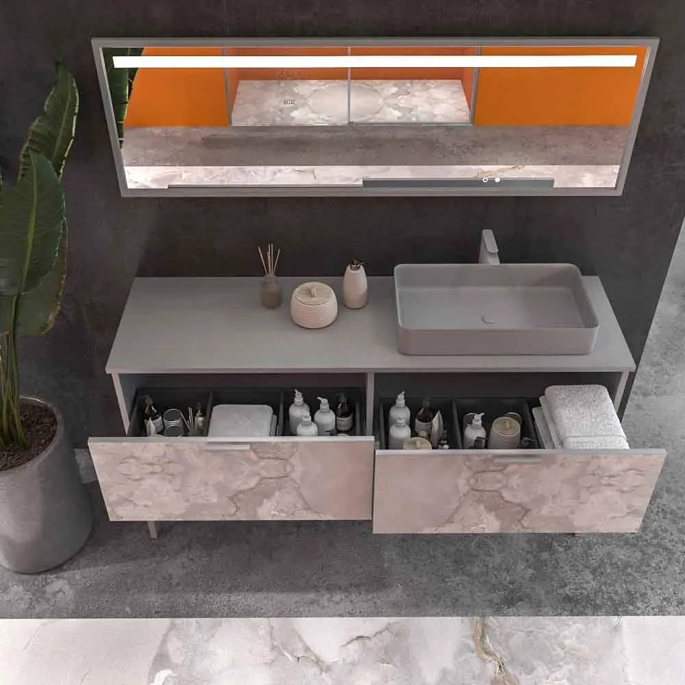 Meuble de salle de bain GRATE avec pieds et 2 tiroirs avec finition en marbre ONIX GRIS et plan et lavabo SOLID SURFACE Fogo – Image 8