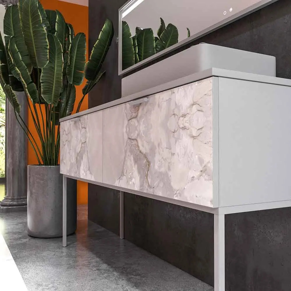 Meuble de salle de bain GRATE avec pieds et 2 tiroirs avec finition en marbre ONIX GRIS et plan et lavabo SOLID SURFACE Fogo – Image 7