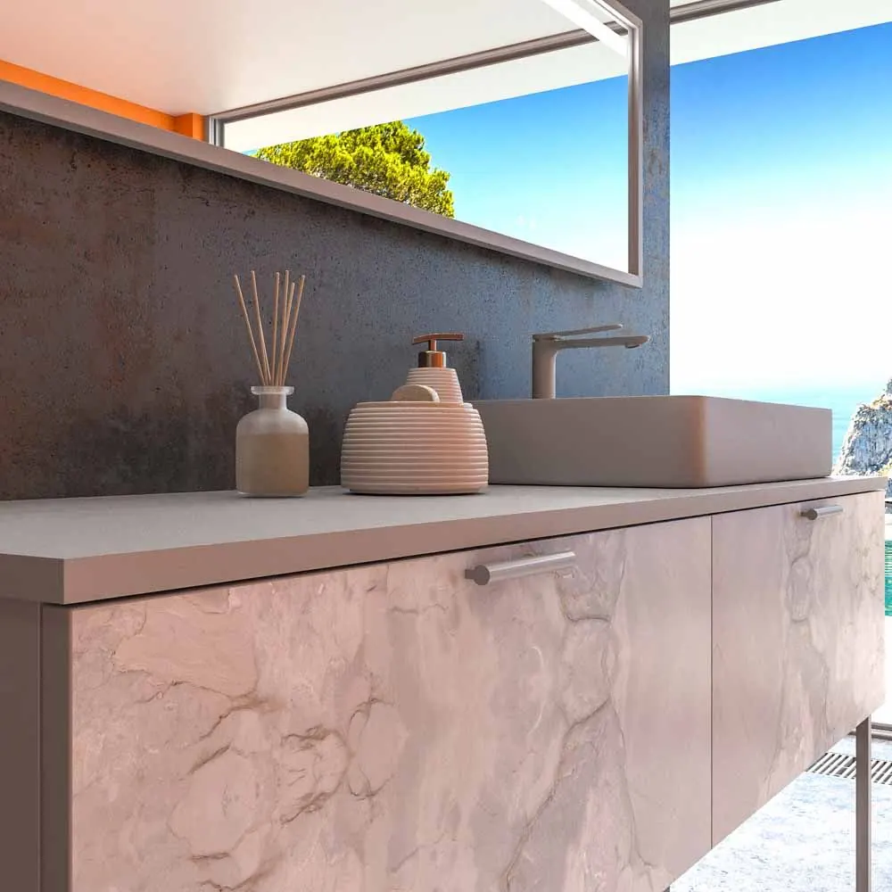 Meuble de salle de bain GRATE avec pieds et 2 tiroirs avec finition en marbre ONIX GRIS et plan et lavabo SOLID SURFACE Fogo – Image 6