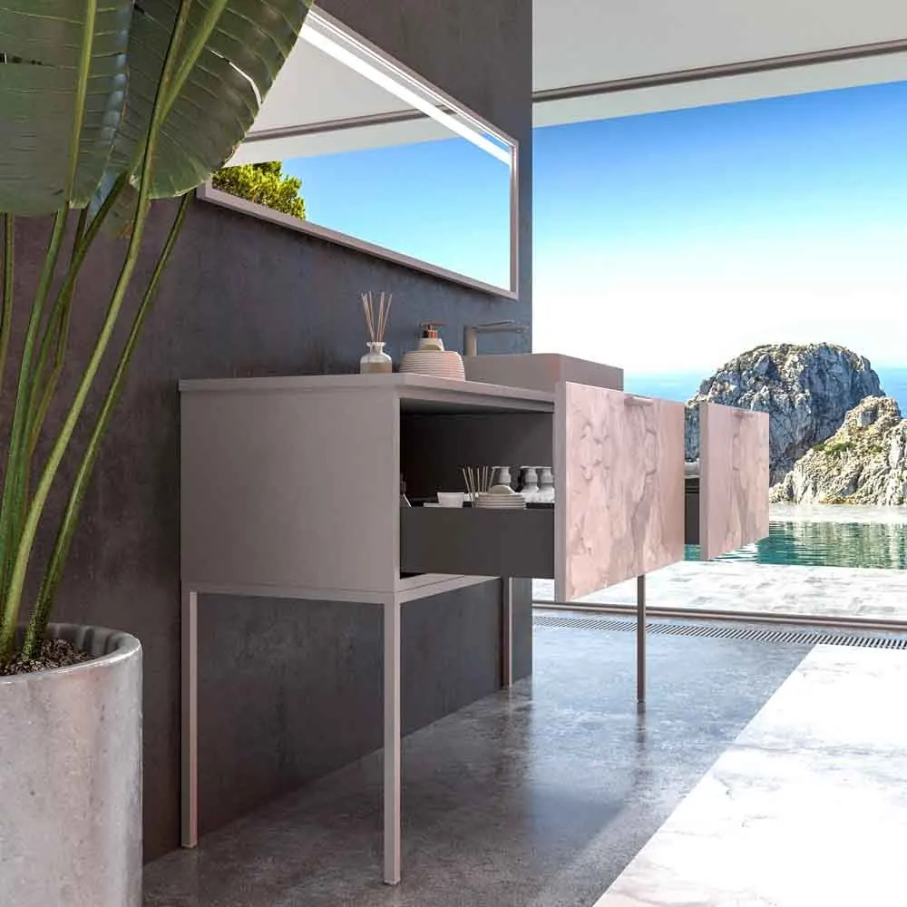 Meuble de salle de bain GRATE avec pieds et 2 tiroirs avec finition en marbre ONIX GRIS et plan et lavabo SOLID SURFACE Fogo – Image 5