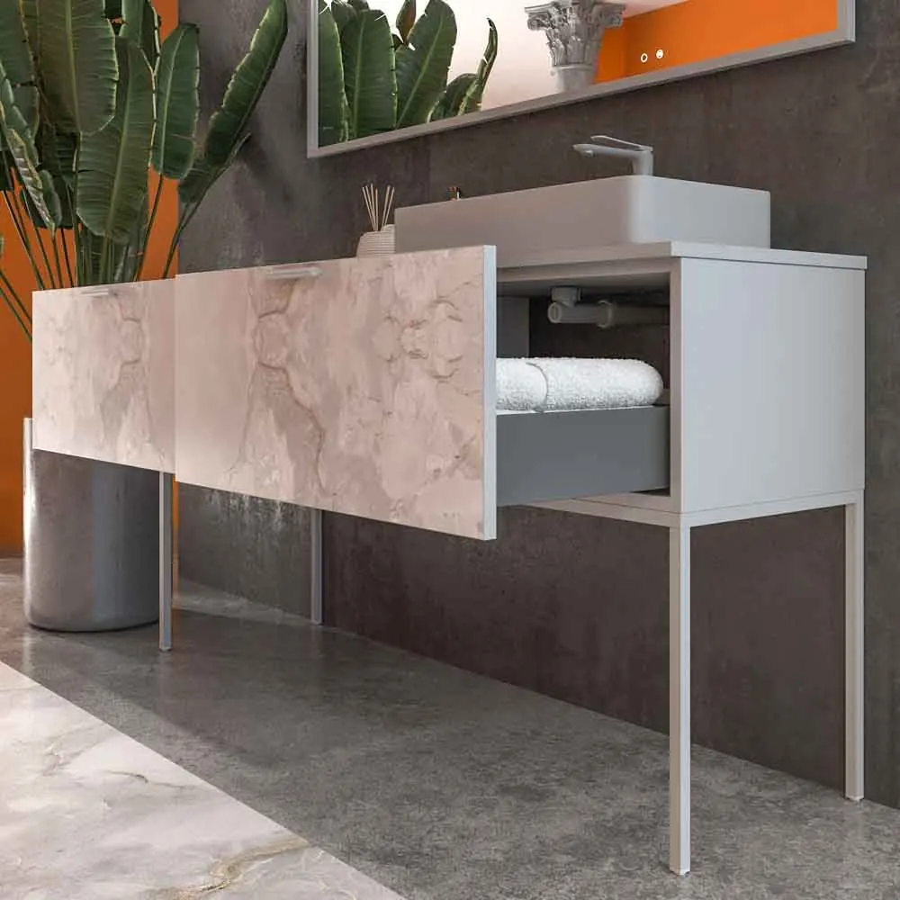 Meuble de salle de bain GRATE avec pieds et 2 tiroirs avec finition en marbre ONIX GRIS et plan et lavabo SOLID SURFACE Fogo – Image 3