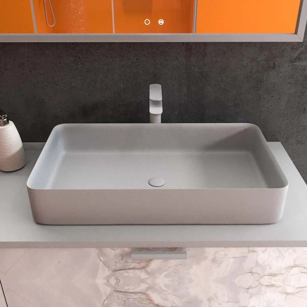 Meuble de salle de bain GRATE avec pieds et 2 tiroirs avec finition en marbre ONIX GRIS et plan et lavabo SOLID SURFACE Fogo – Image 2