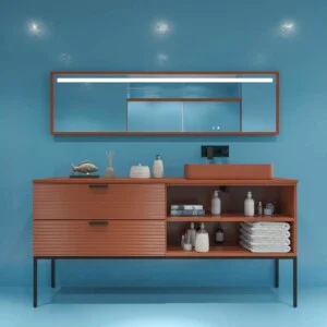 Meuble de salle de bain HOLE sur pieds, 2 tiroirs/1 trou, finition BROWN COPPER, avec plan et lavabo FOGO Solid Surface