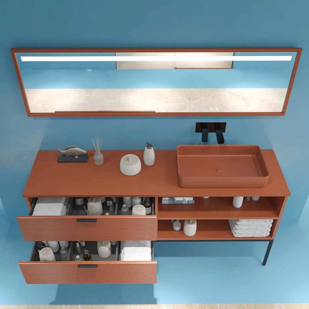 Meuble de salle de bain HOLE sur pieds, 2 tiroirs/1 trou, finition BROWN COPPER, avec plan et lavabo FOGO Solid Surface – Image 6