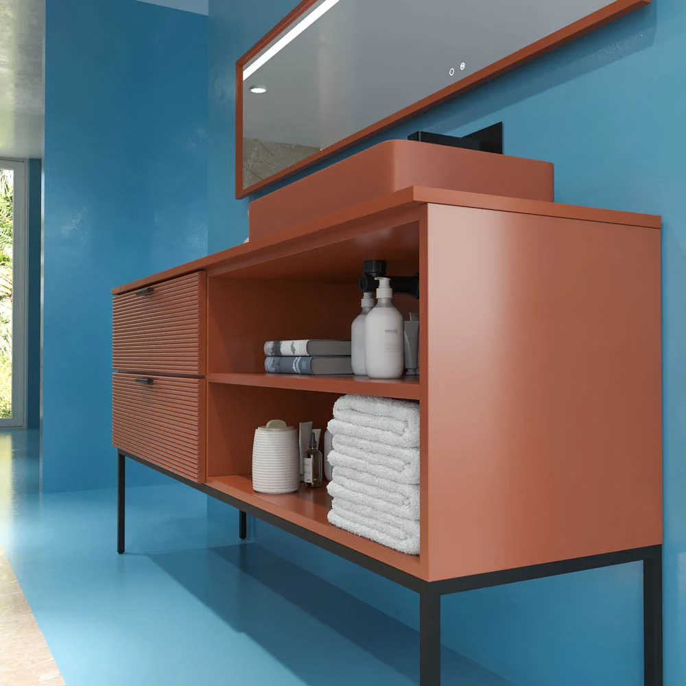 Meuble de salle de bain HOLE sur pieds, 2 tiroirs/1 trou, finition BROWN COPPER, avec plan et lavabo FOGO Solid Surface – Image 5
